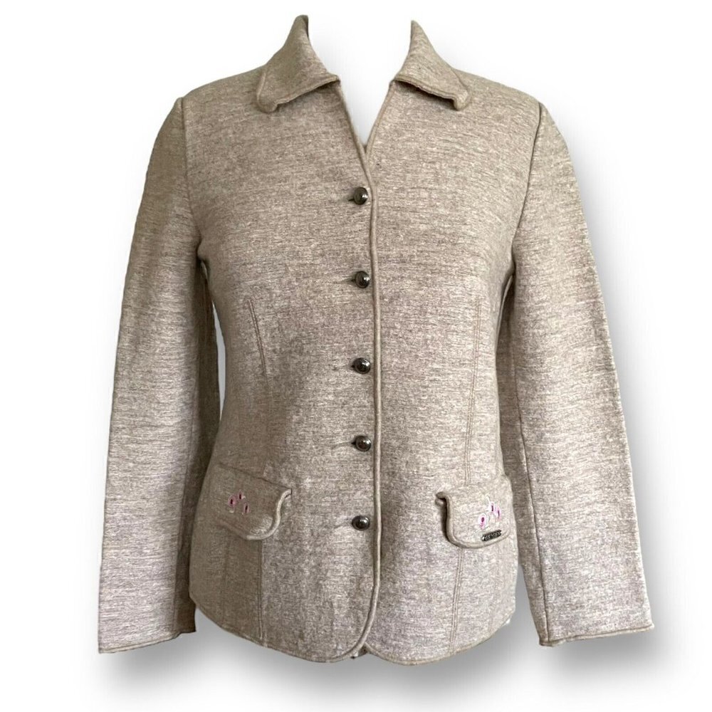 Geiger Austria Womens Jacket Sz 38 US 8 Tan Boiled Wool Linen Floral Embroidery